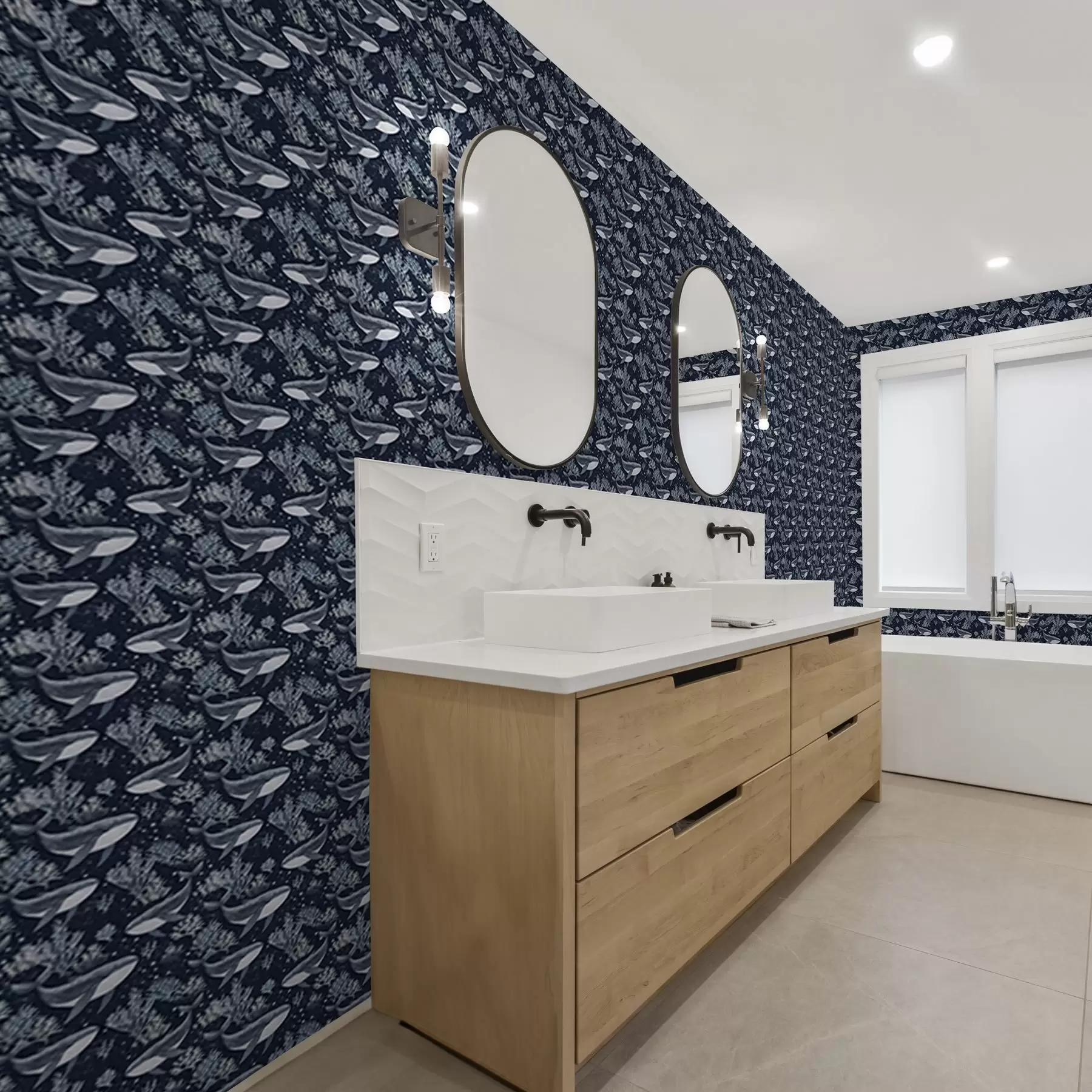 wall murals Whales and corals on a dark blue background a00116v1