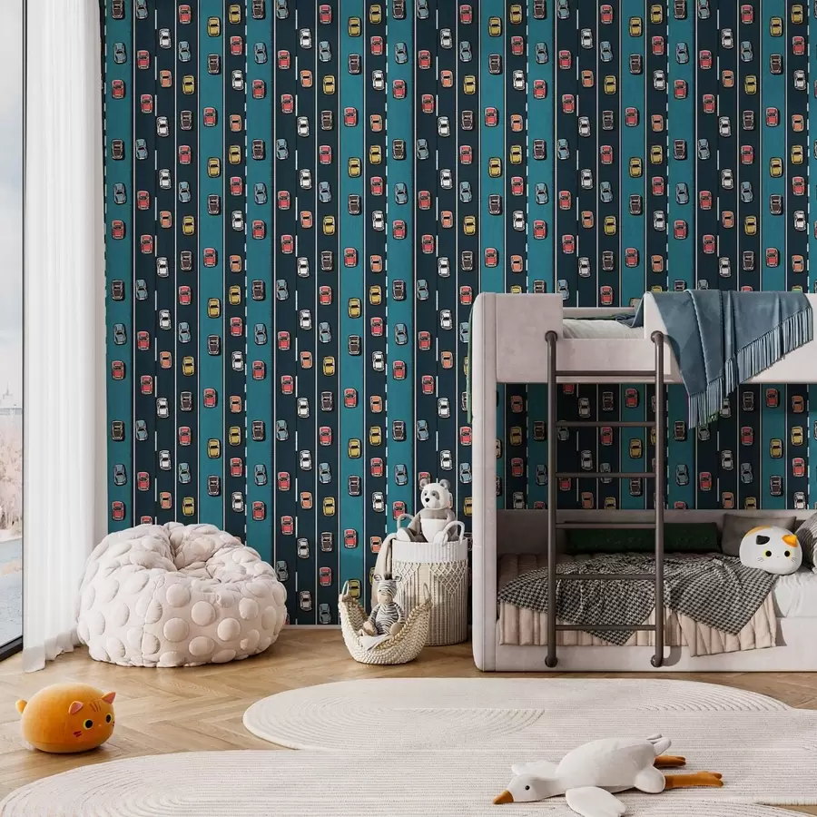 wall murals Retro car on navy blue road in 60s style a00118