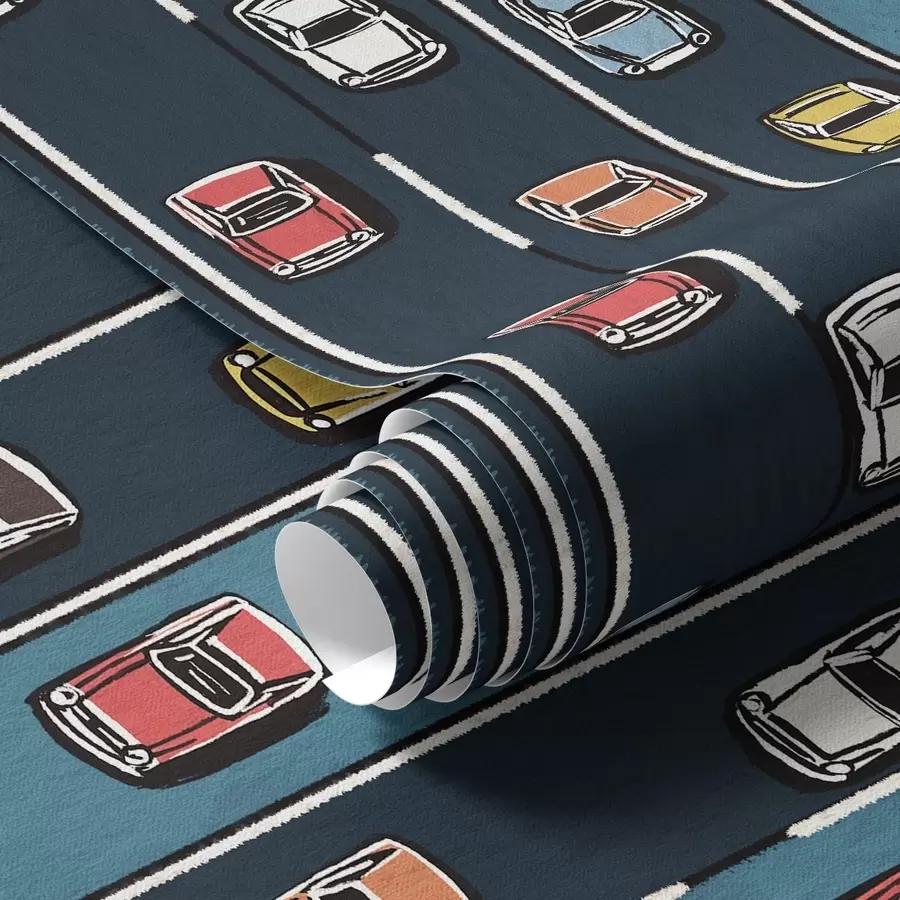 wall murals Retro car on navy blue road in 60s style a00118