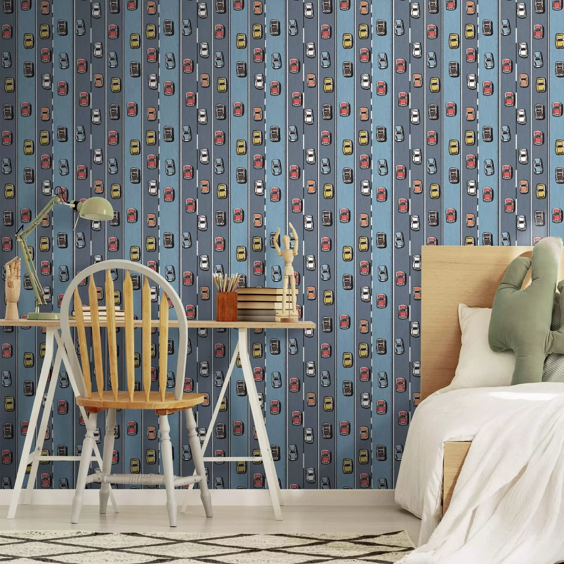 wall murals Retro car on the road in the style of the 60s a00118v1