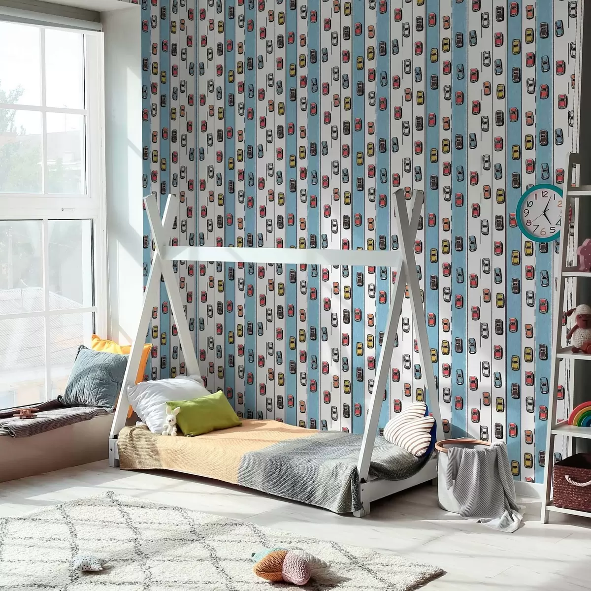 Wallpaper Retro car on a white and blue road in the style of the 60s a00118v2