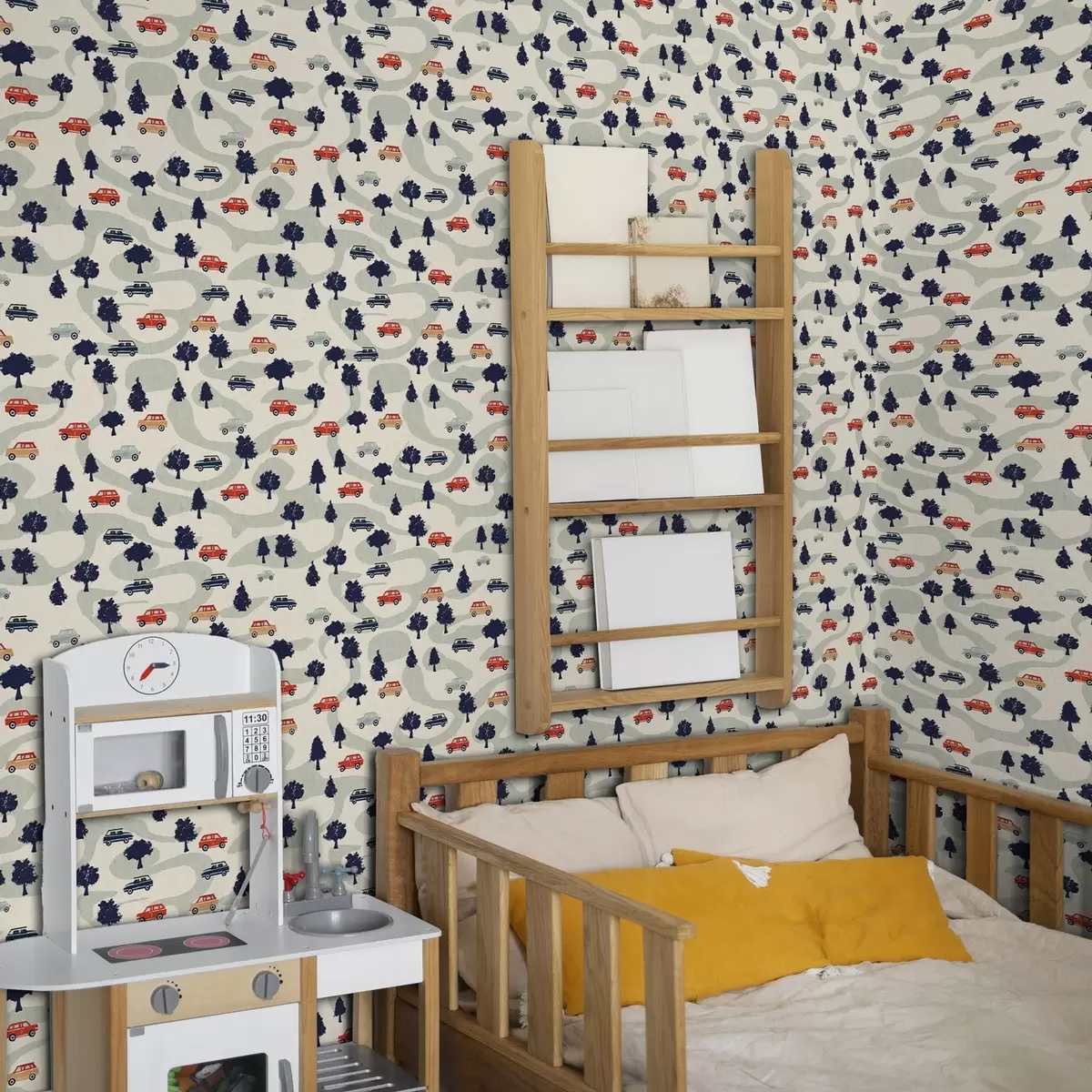 Wallpaper Funny cars among the trees on a cream background a00119