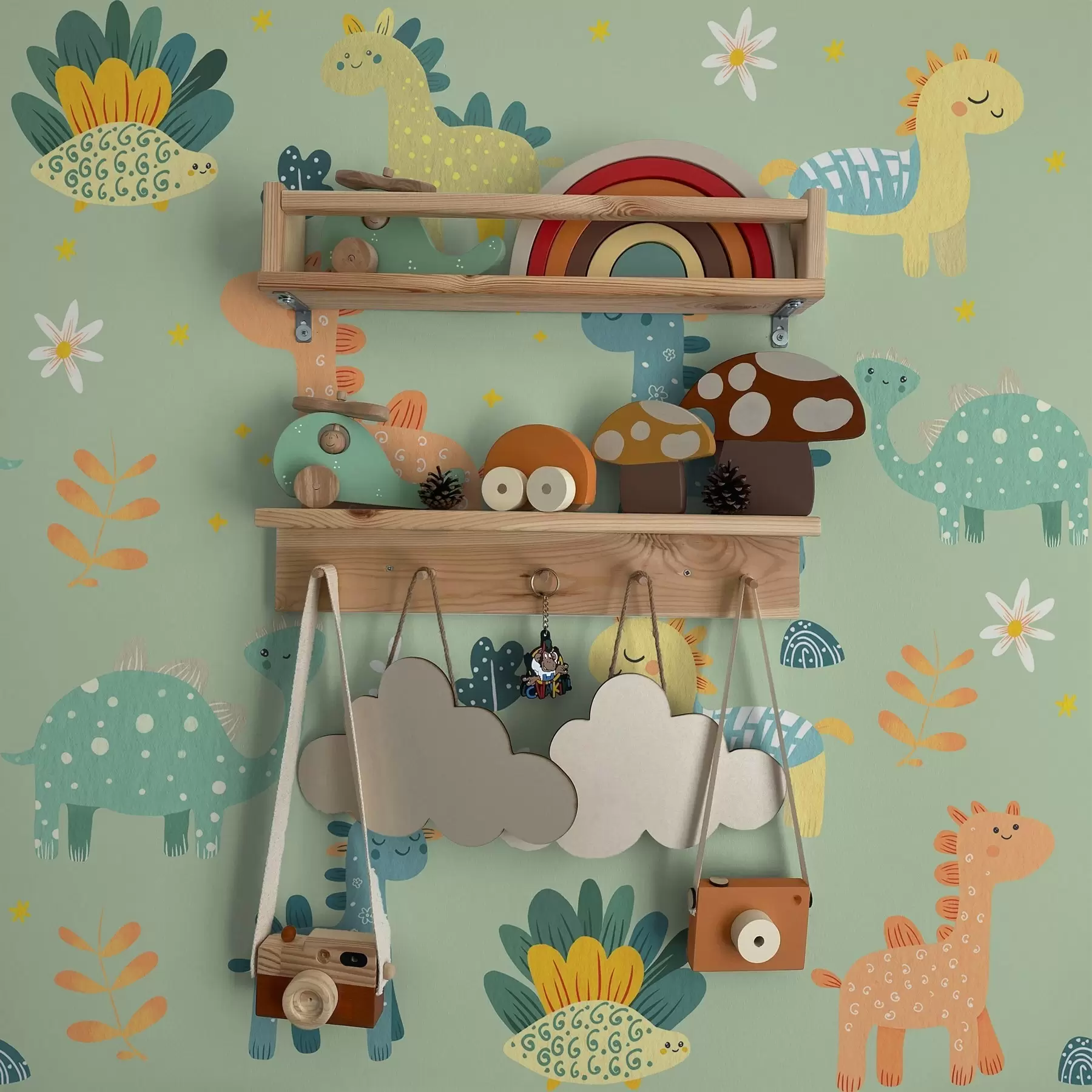 wall murals Funny dinosaurs in a soft green palette on a light background a00125v1