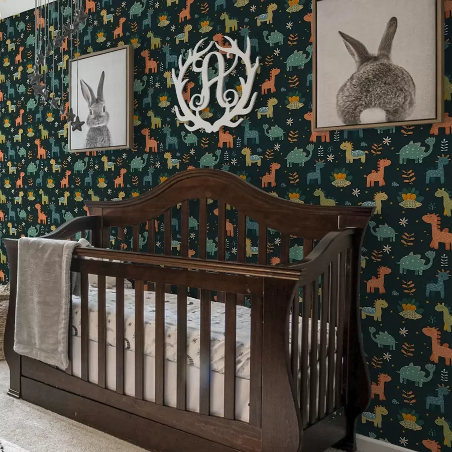 wall murals Funny dinosaurs in pastel colours on a dark background a00125v2