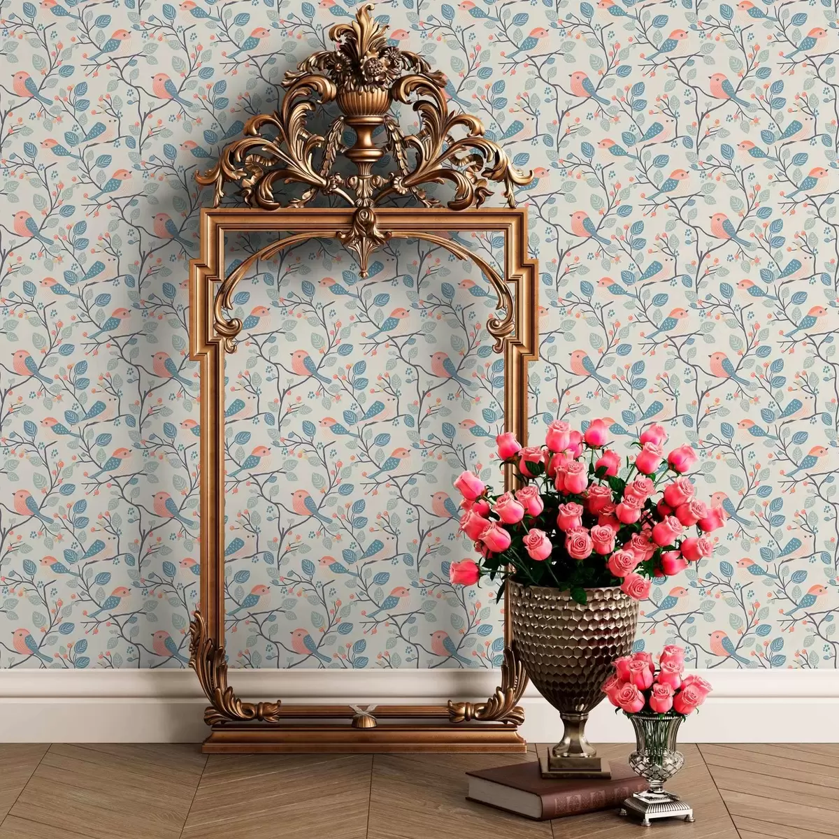 Wallpaper Pastel birds and twigs on a light background a00128