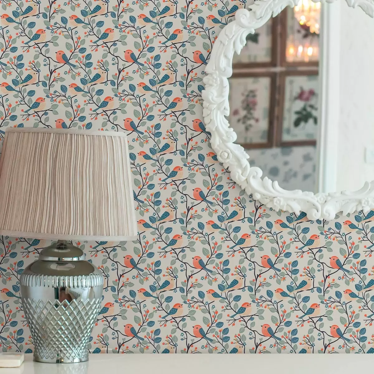 Wallpaper Birds on branches and berries in warm colours a00128v1