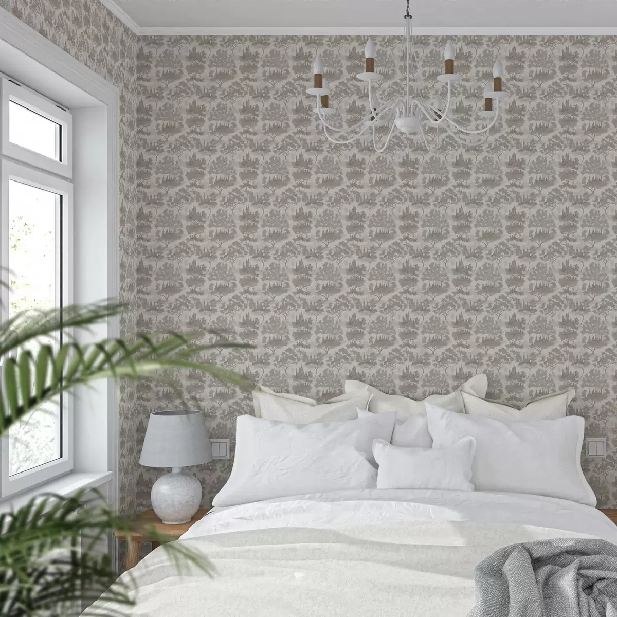 Wallpaper Castle in the forest in grey and beige style a00130