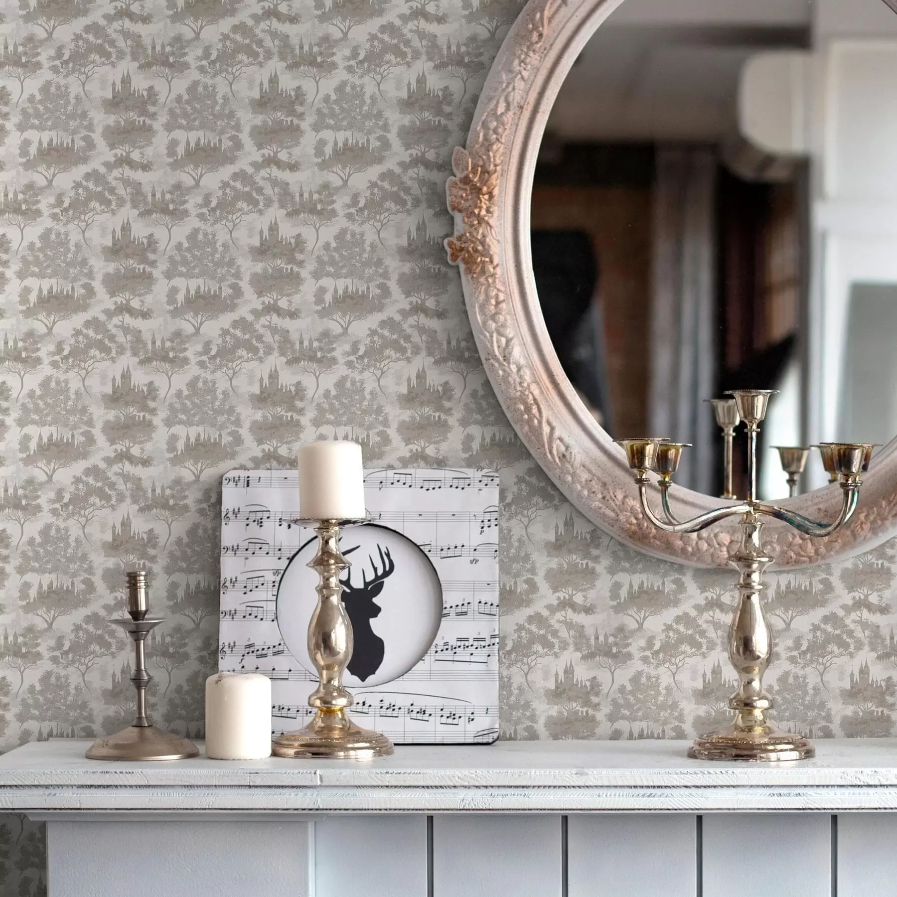 wall murals Castle in the forest in grey and beige style a00130