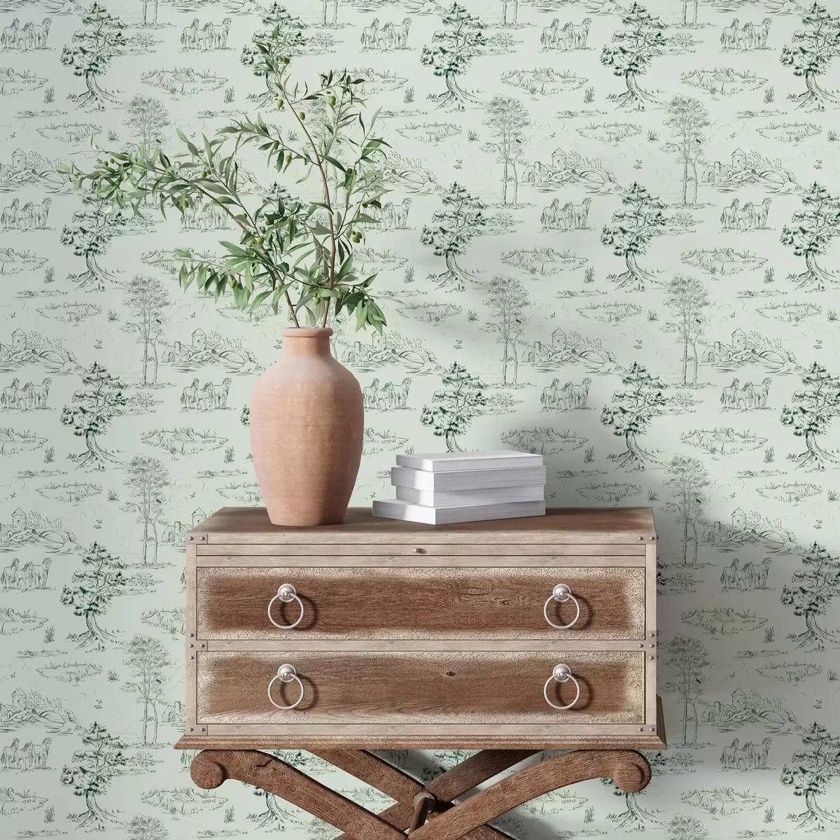 Wallpaper Scene with horses, trees and castle on green background a00133v1