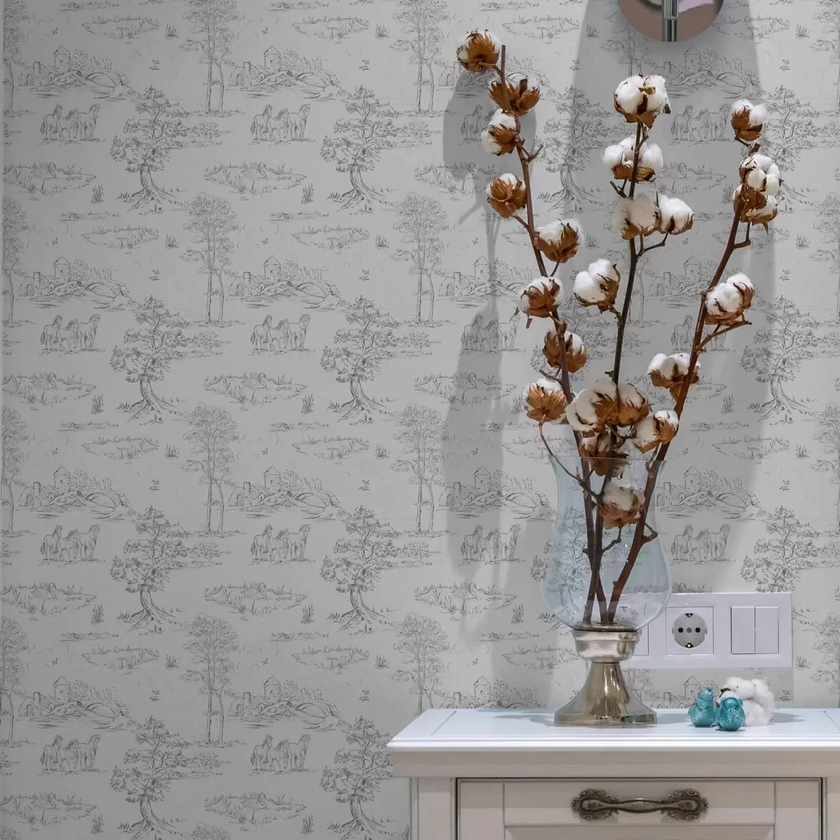 Wallpaper Landscape with horses in grey and white style a00133v2