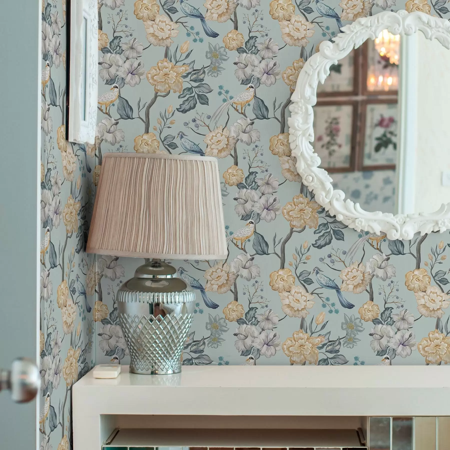 wall murals Flowers and birds on blue background a00134