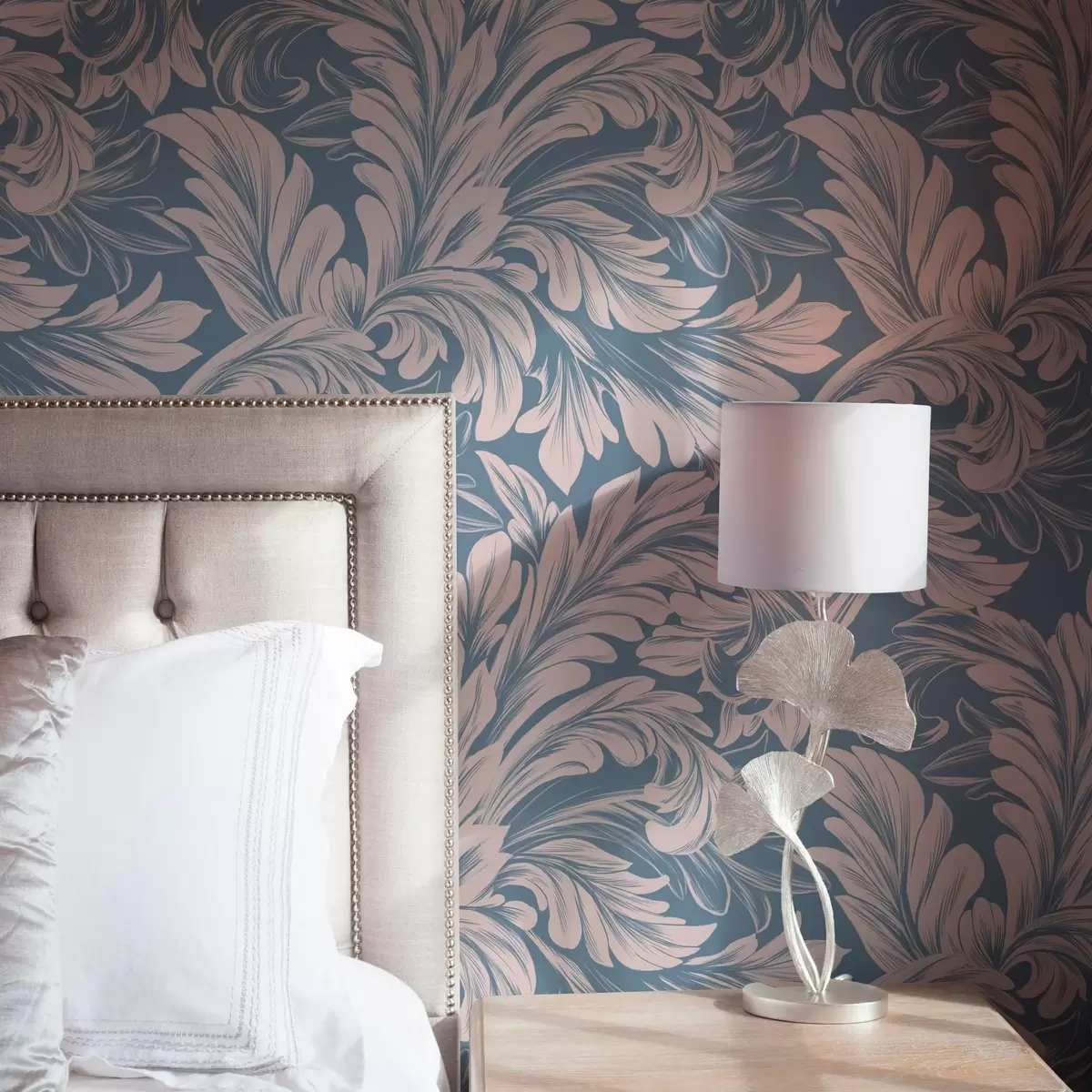 Wallpaper Plant curls in cream tones on blue and grey background a00135v2