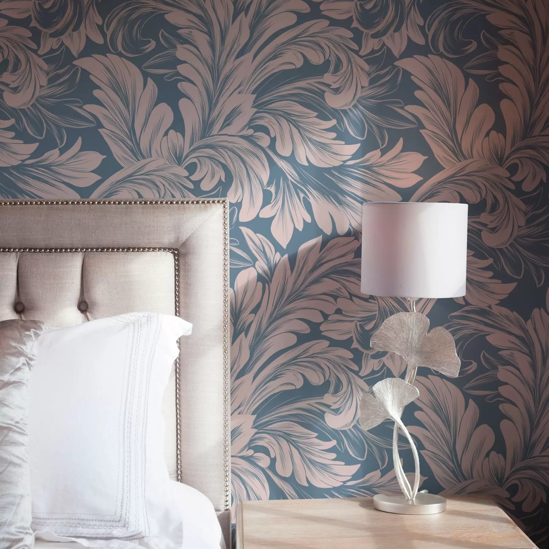 wall murals Plant curls in cream tones on blue and grey background a00135v2