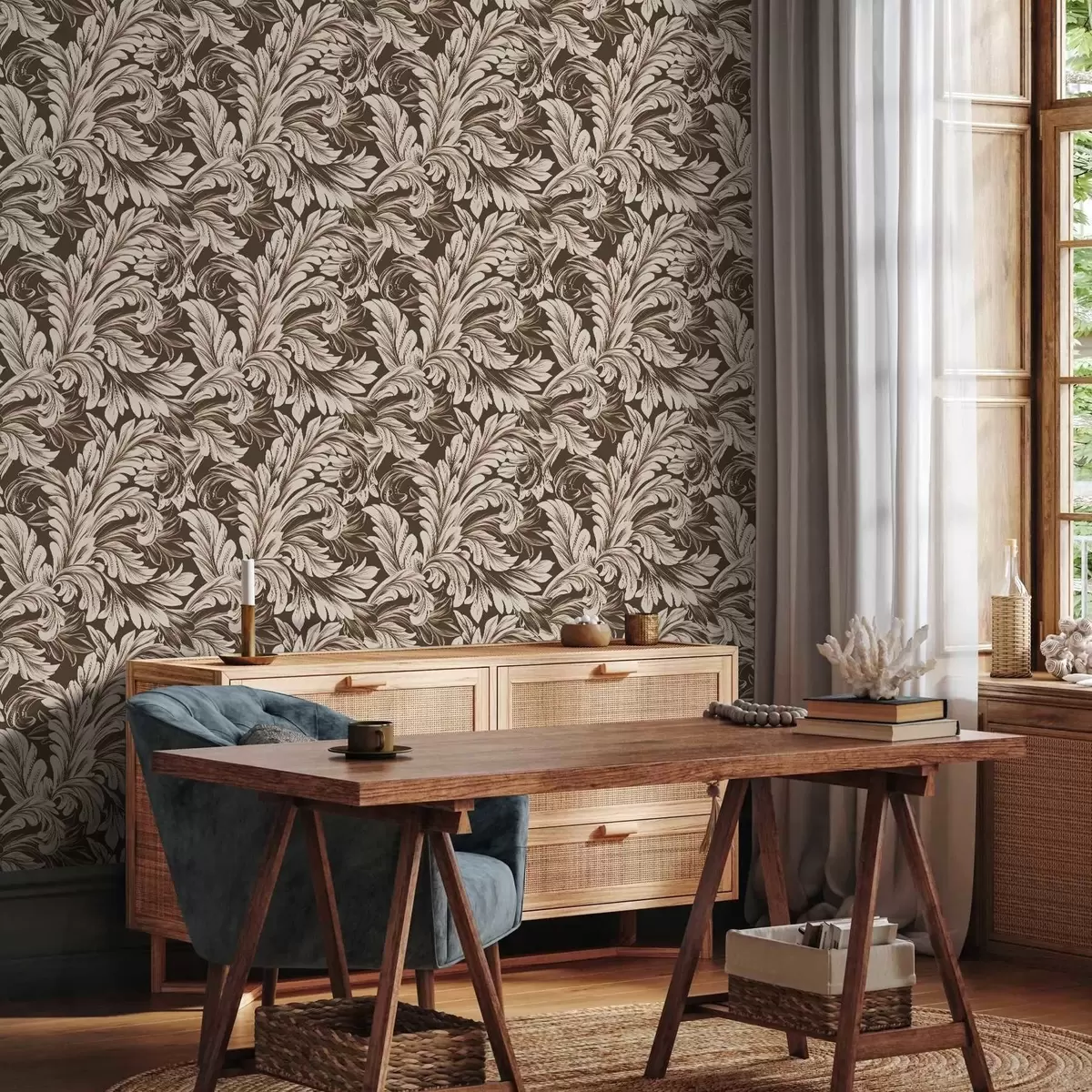 Wallpaper Baroque pattern with leaves on a dark background a00135v5