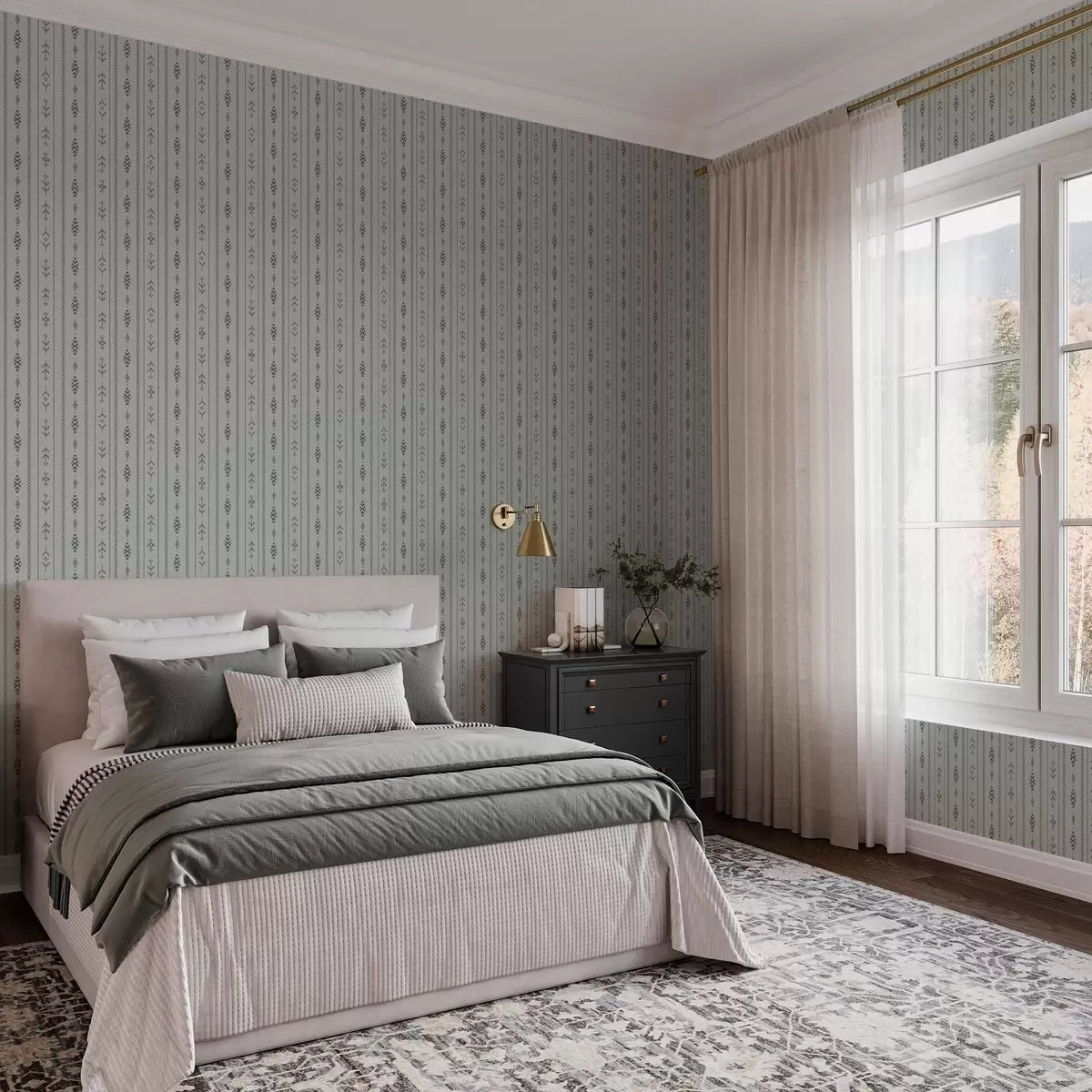 Wallpaper Ethnic motif with patterns in grey and mint colours a00138