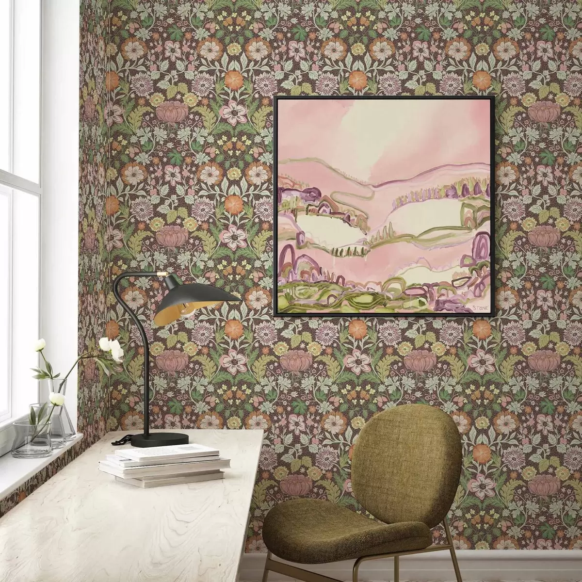 Wallpaper Colourful pattern with greenery and flowers a00145v3