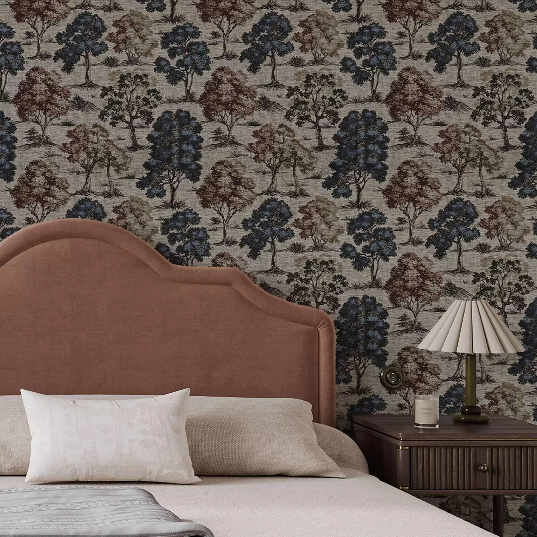 wall murals Graphic with trees on light linen background a00152