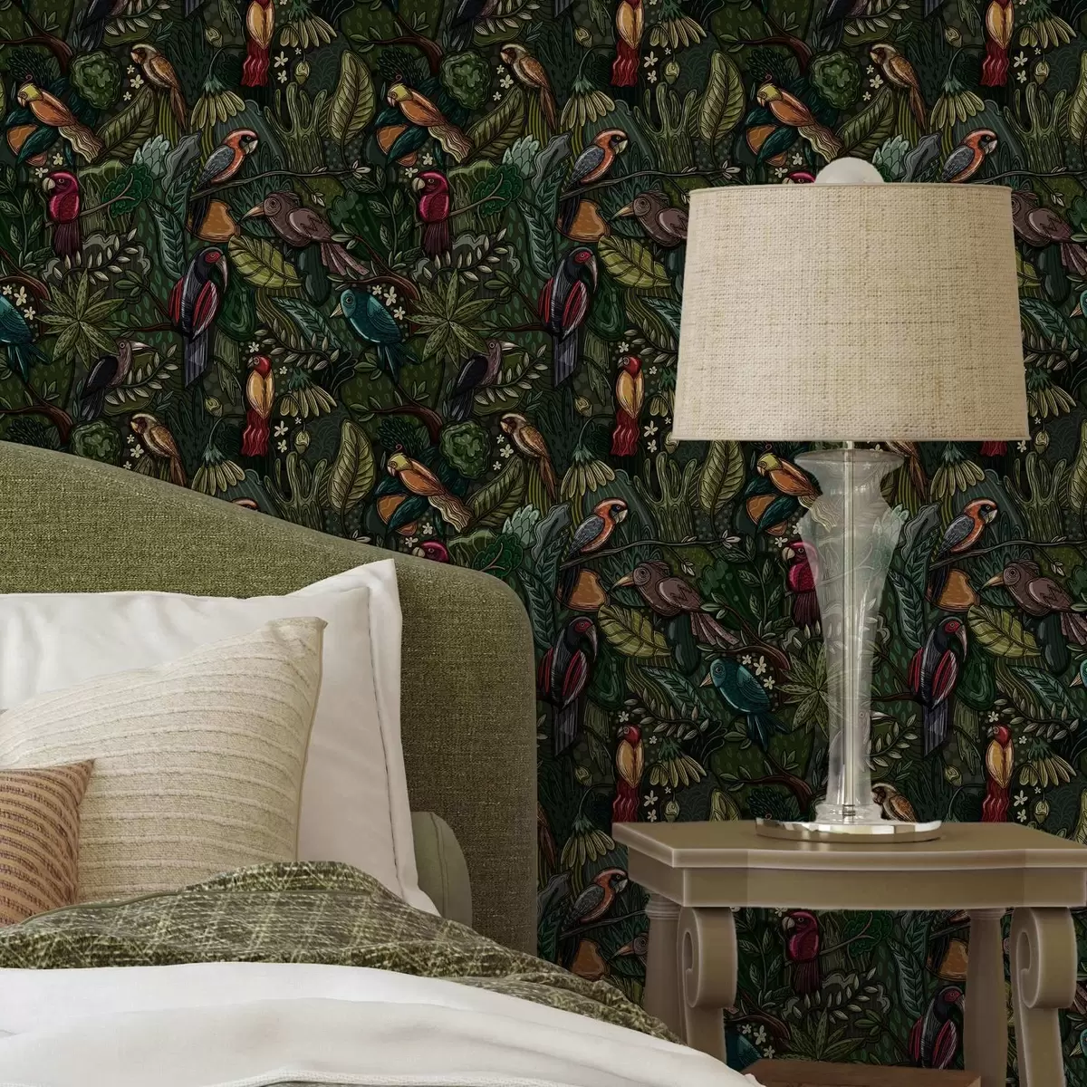 Wallpaper Exotic birds in the jungle in the style of an engraving a00157