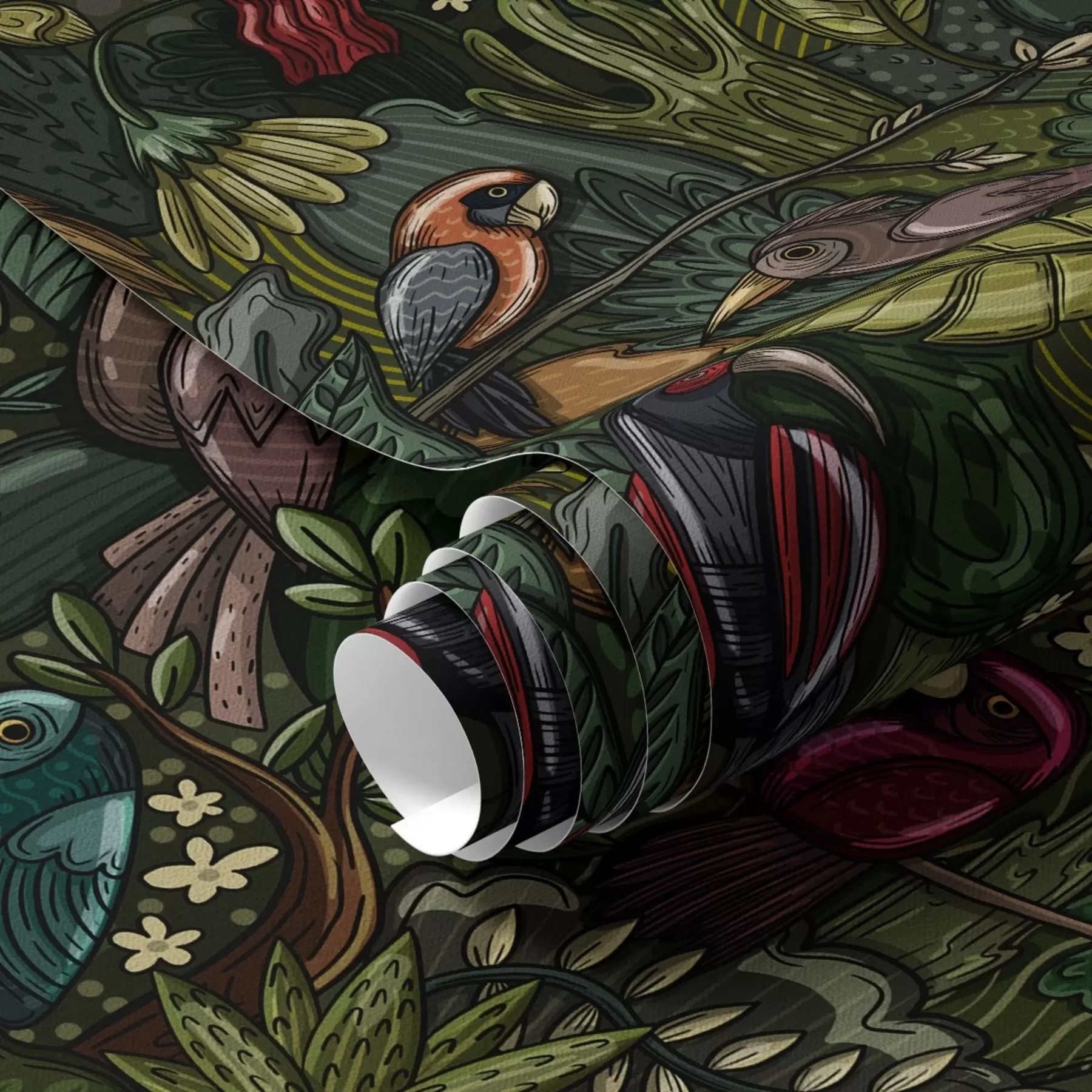 wall murals Exotic birds in the jungle in the style of an engraving a00157