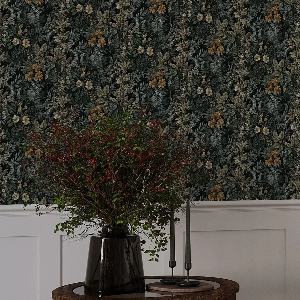 Wallpaper Dark print with wild flowers a00159