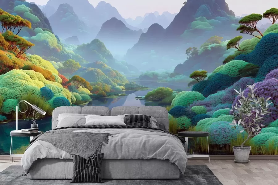 wall murals Mountain landscape with a river in blue tones with trees and bushes w09088