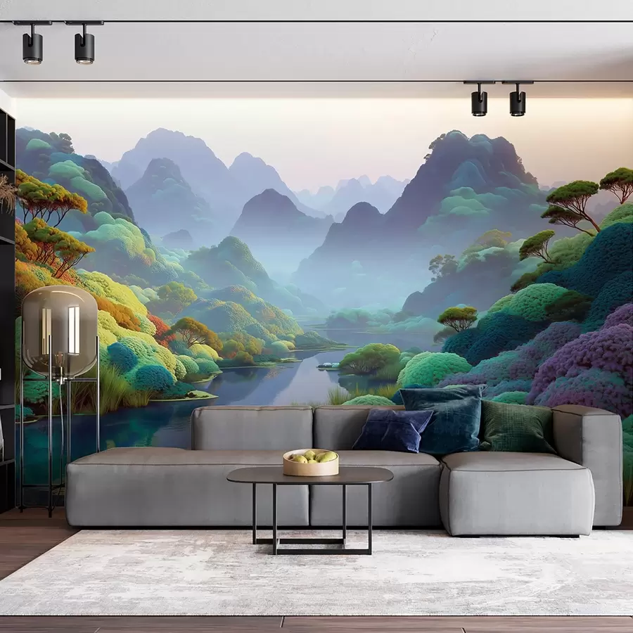wall murals Mountain landscape with a river in blue tones with trees and bushes w09088