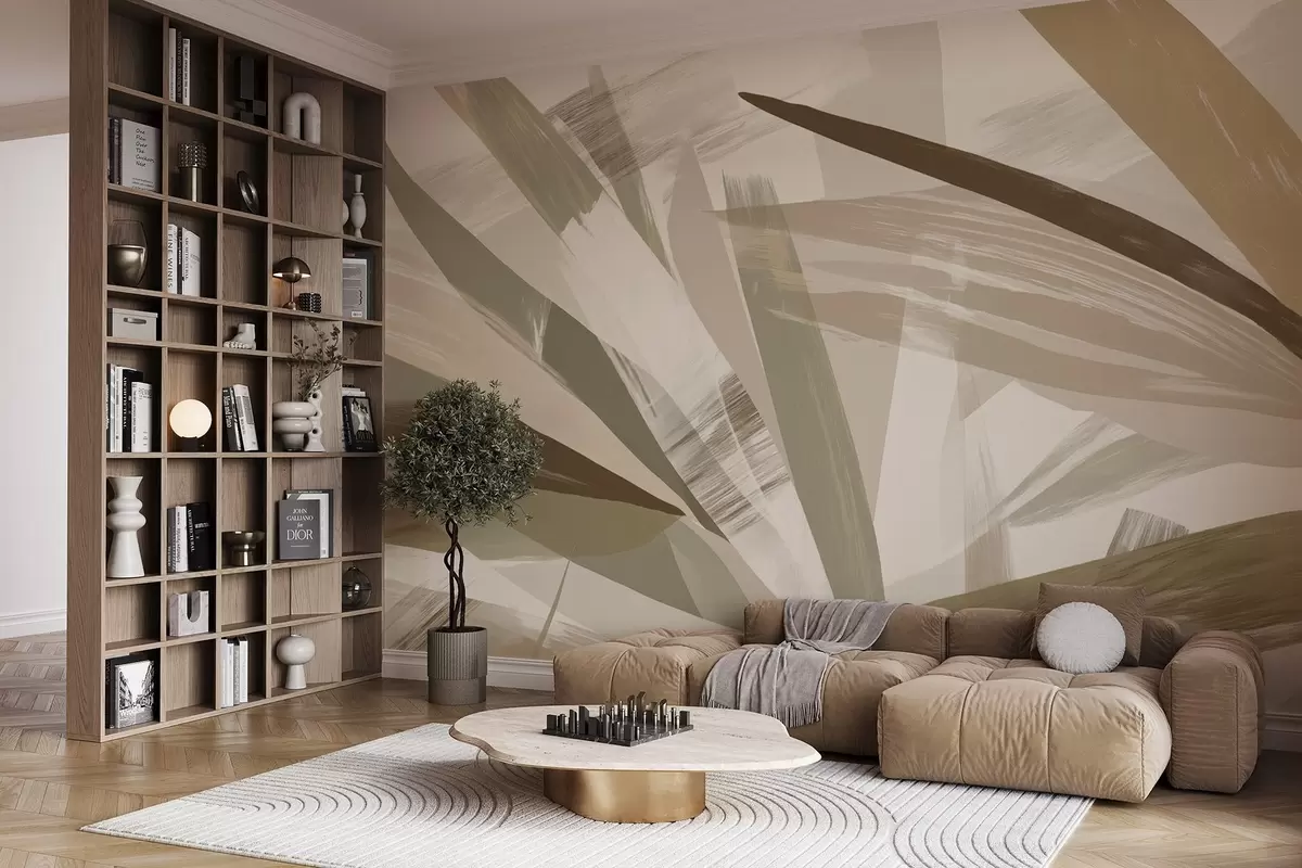 wall murals Abstract leaves in green and beige tones w09091