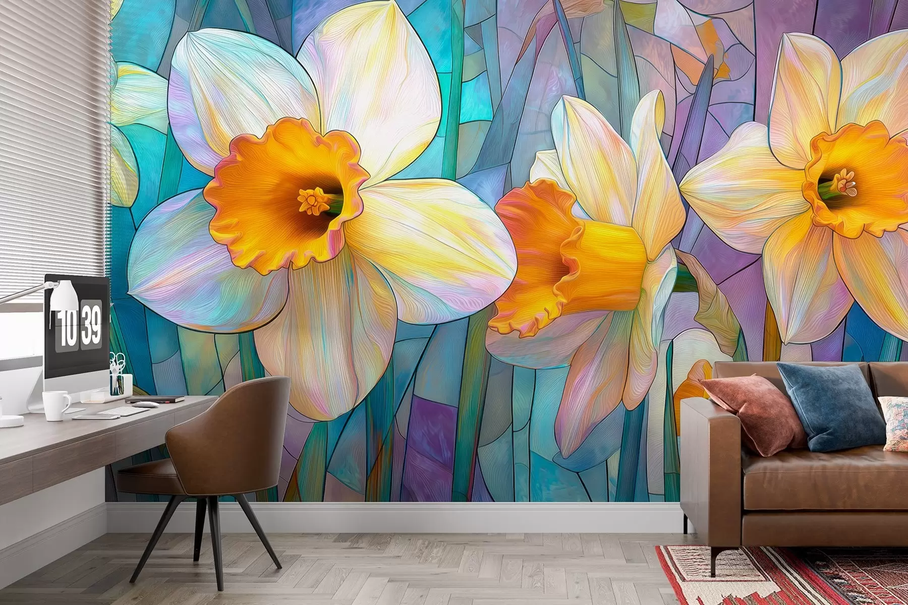 wall murals Colorful daffodils on a blue-violet stained glass background w09092