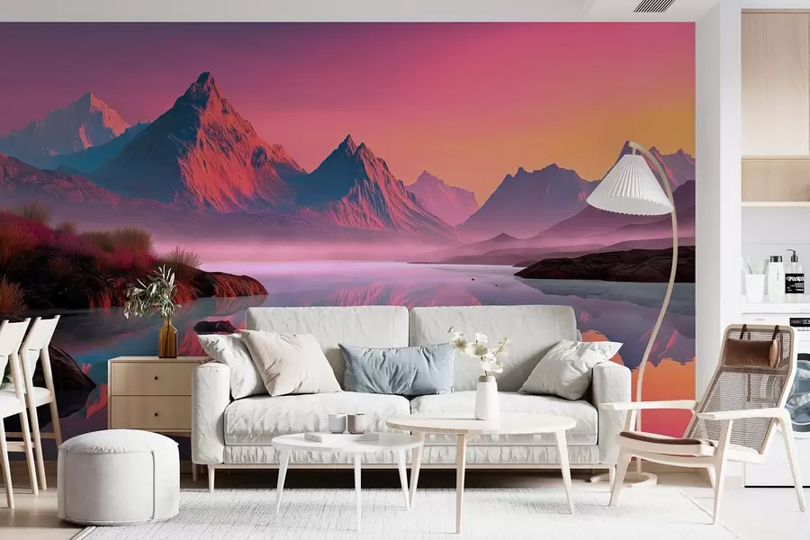 wall murals Romantic sunset landscape with a river and mountains in pink shades w09093