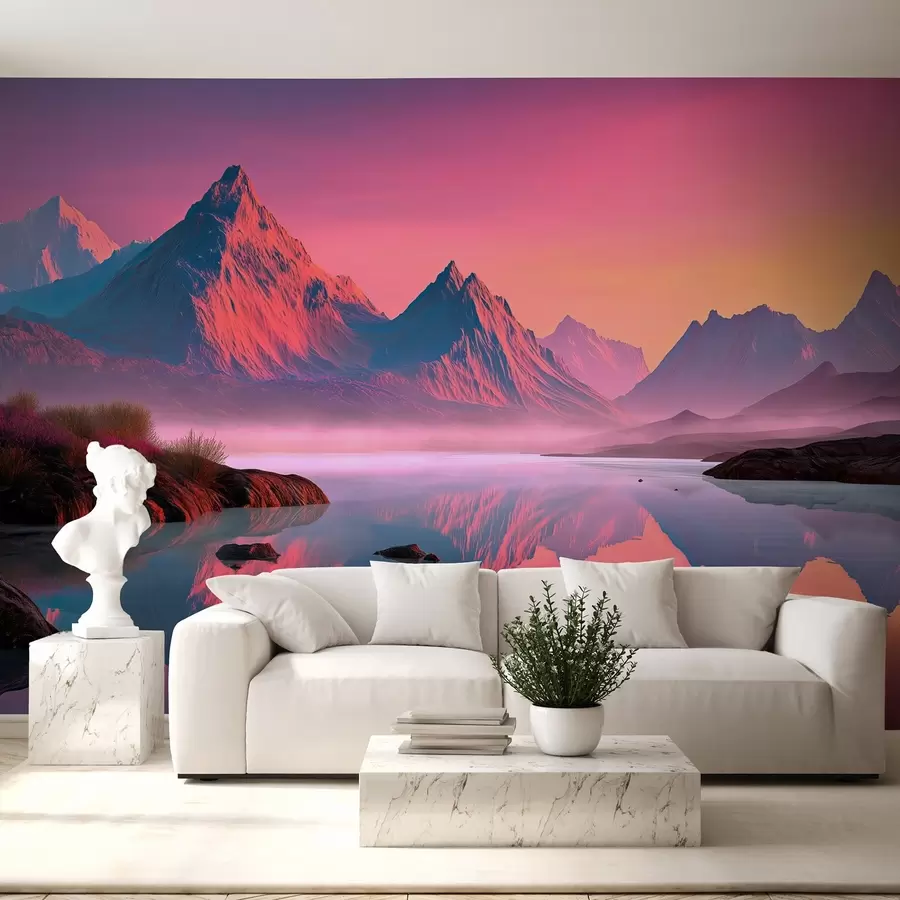 wall murals Romantic sunset landscape with a river and mountains in pink shades w09093