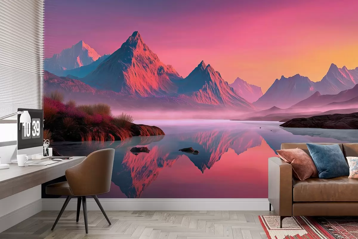 wall murals Romantic sunset landscape with a river and mountains in pink shades w09093