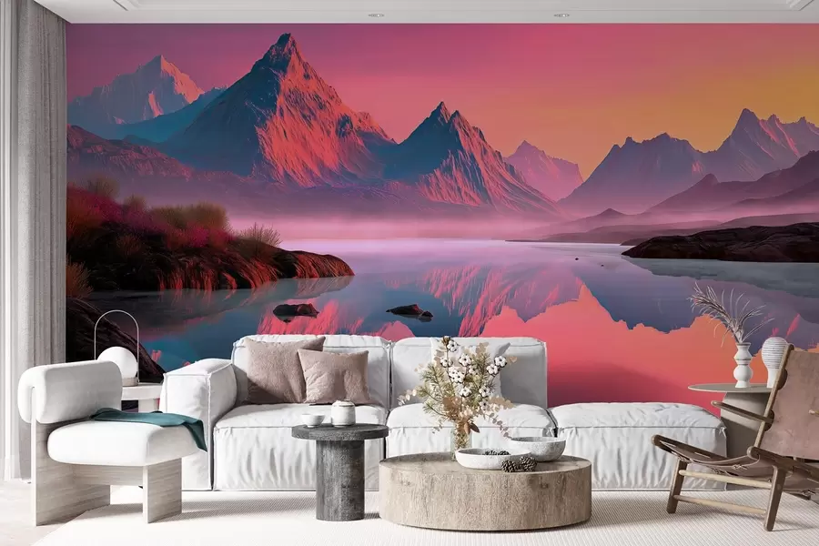 wall murals Romantic sunset landscape with a river and mountains in pink shades w09093