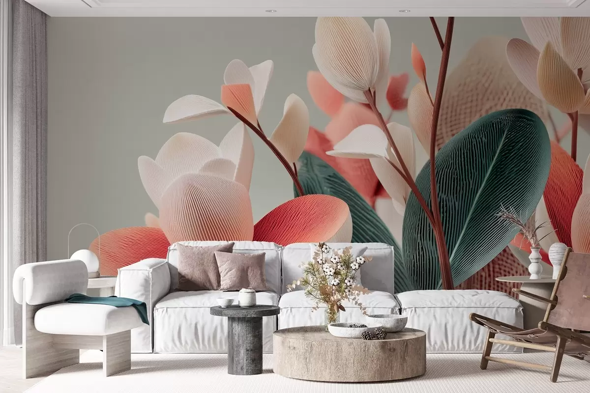 wall murals Textured flowers and leaves in pastel and green tones w09094