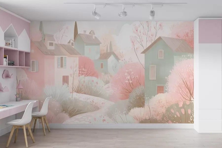 wall murals Fairy-tale town in oil painting style in pink shades w09095