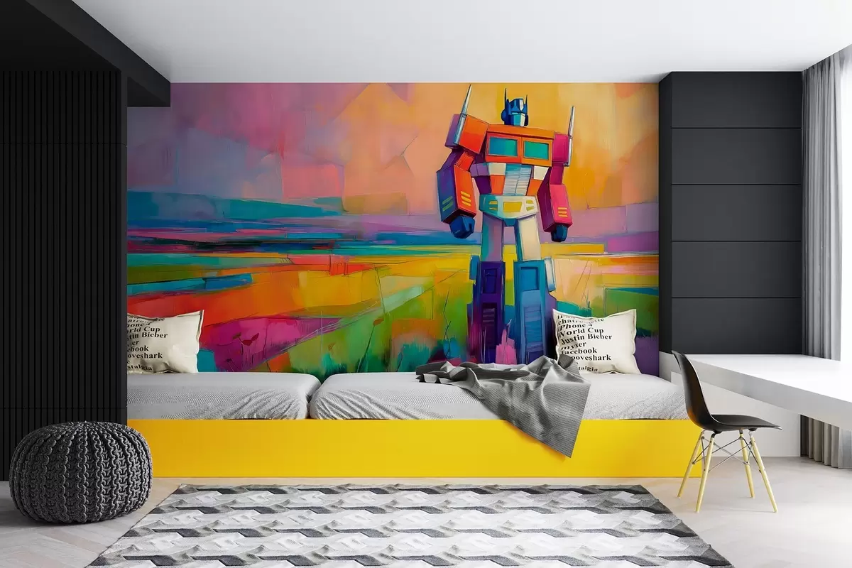 wall murals Robot against a bright abstract landscape in oil painting style w09096