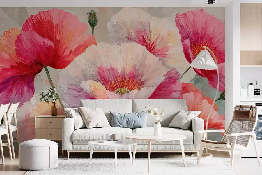 wall murals White and red poppies in oil painting style with bold brushstrokes w09097