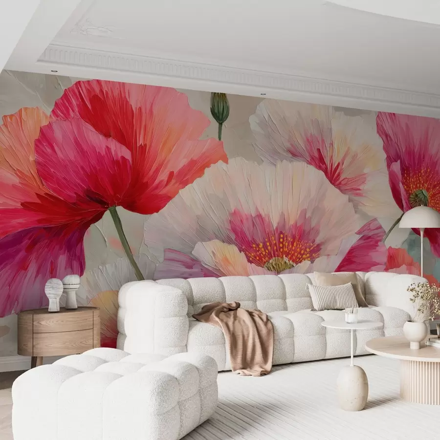wall murals White and red poppies in oil painting style with bold brushstrokes w09097