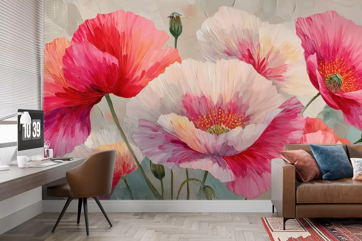wall murals White and red poppies in oil painting style with bold brushstrokes w09097