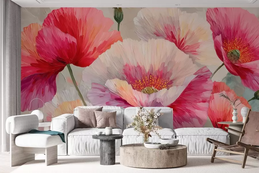 wall murals White and red poppies in oil painting style with bold brushstrokes w09097