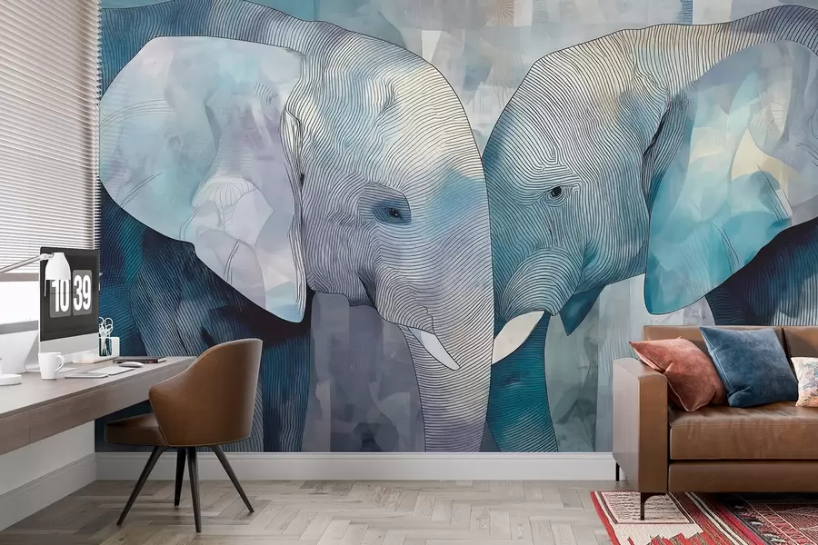 wall murals Cute blue elephants in watercolor style w09098