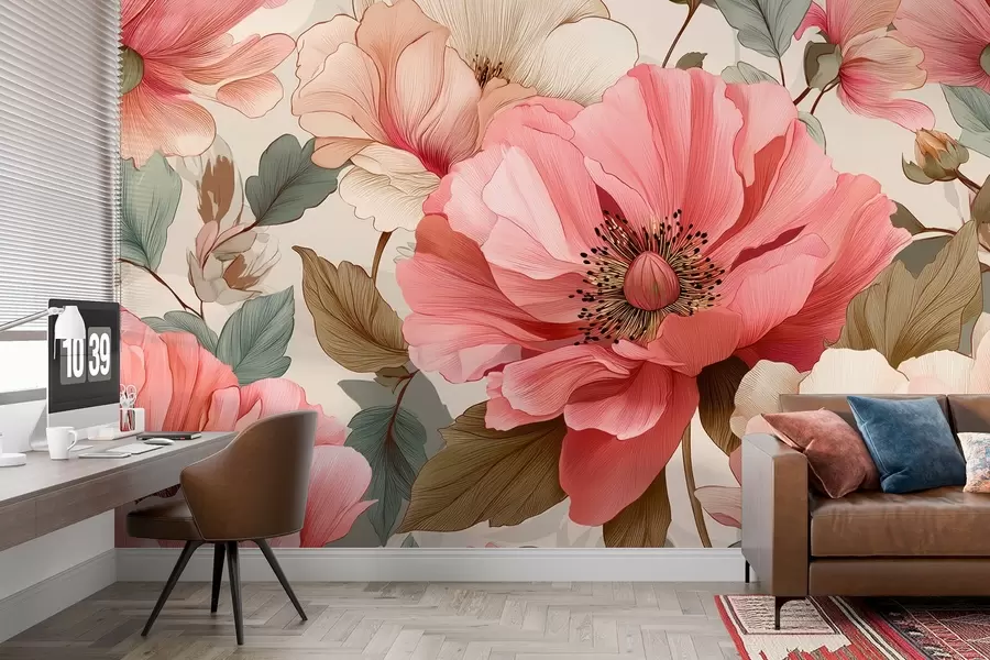 wall murals Delicate poppies with leaves in red-pink shades w09100