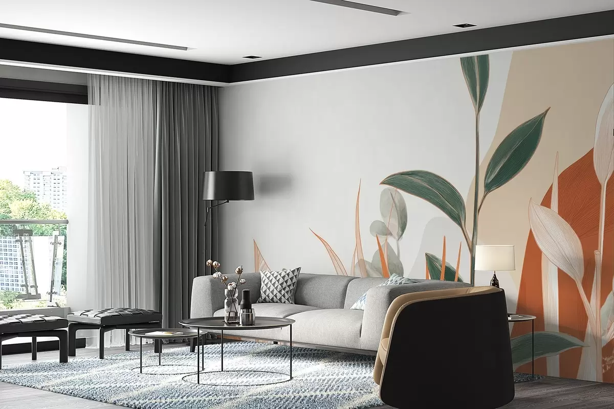 wall murals Leaves in beige and green tones w09101