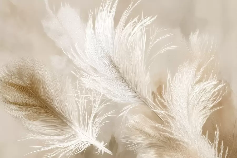 wall murals Flying airy feathers on a beige background w09102
