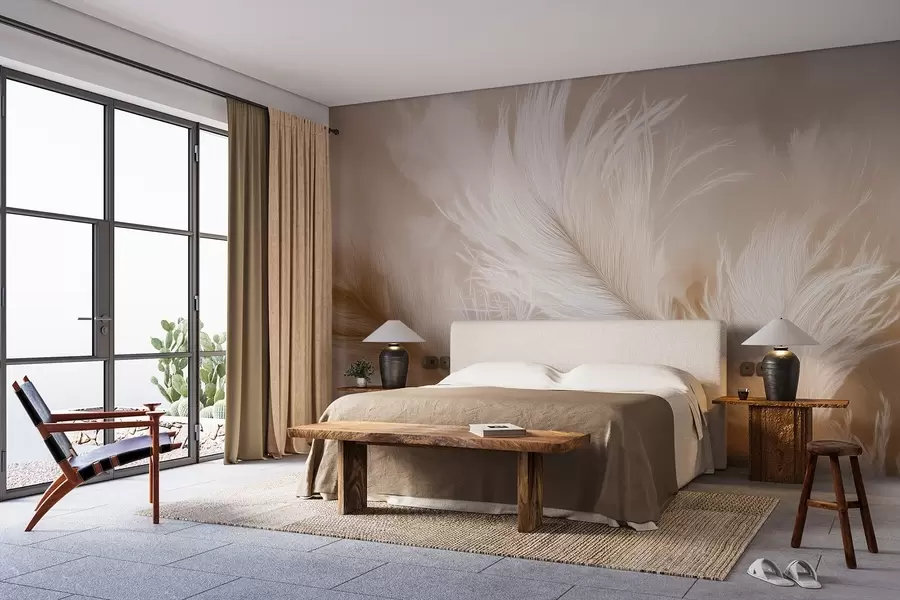 wall murals Flying airy feathers on a beige background w09102