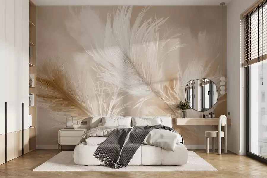 wall murals Flying airy feathers on a beige background w09102