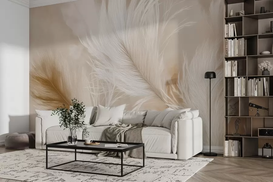 wall murals Flying airy feathers on a beige background w09102