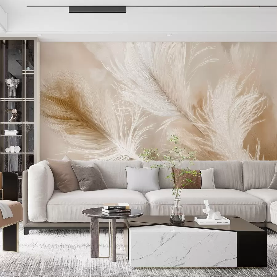 wall murals Flying airy feathers on a beige background w09102