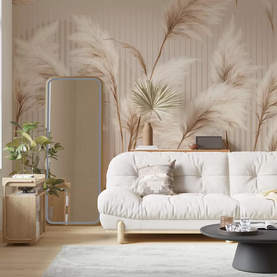 wall murals Pampas grass against a background of lines in beige tones w09104