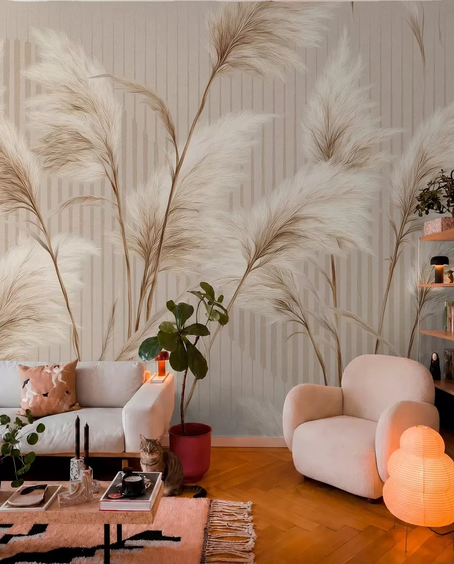wall murals Pampas grass against a background of lines in beige tones w09104