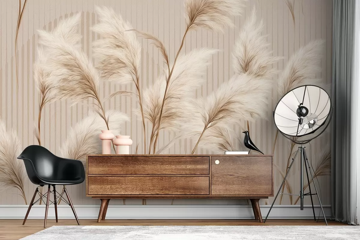 wall murals Pampas grass against a background of lines in beige tones w09104